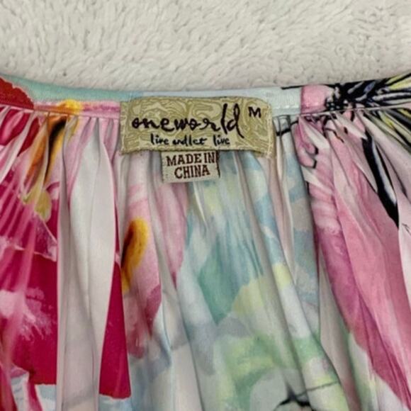 One World Blouse Womens Medium Flowers Butterflies Rhinestones Beads Stretch - Picture 3 of 12